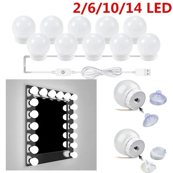 2/6/10/14Bulbs LED 5V Makeup Mirror Light Bulb Hollywood Vanity Lights Stepless Dimmable Mirror Lamp Kit for Bedroom Bathroom