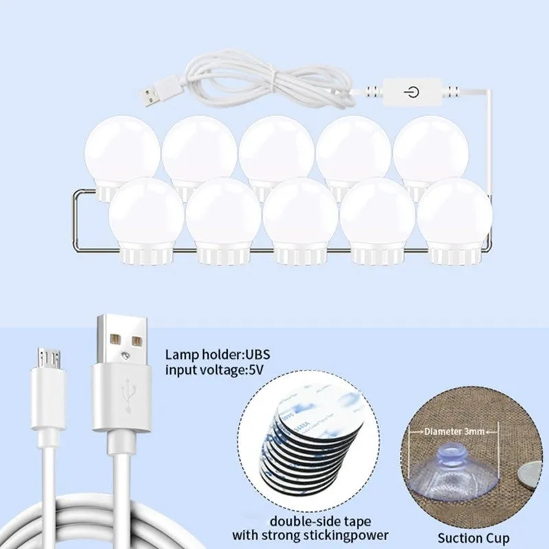 2/6/10/14Bulbs LED 5V Makeup Mirror Light Bulb Hollywood Vanity Lights Stepless Dimmable Mirror Lamp Kit for Bedroom Bathroom