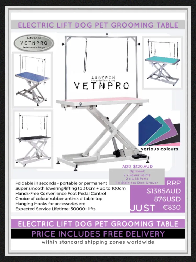 Auberon VetnPro SuperLo Electric Lift Grooming Table •Choose your fave colour! Includes PowerPoints USB Ports   more! 30cm lowest height