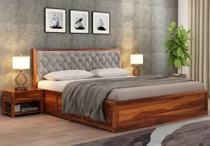 Budhakish Wooden Hydraulic Double Bed with Storage | Cot with Hydraulic Storage & Grey Upholstered Cushion Headboard for Bedroom | 6.5 X 4 FT, Teak Finish