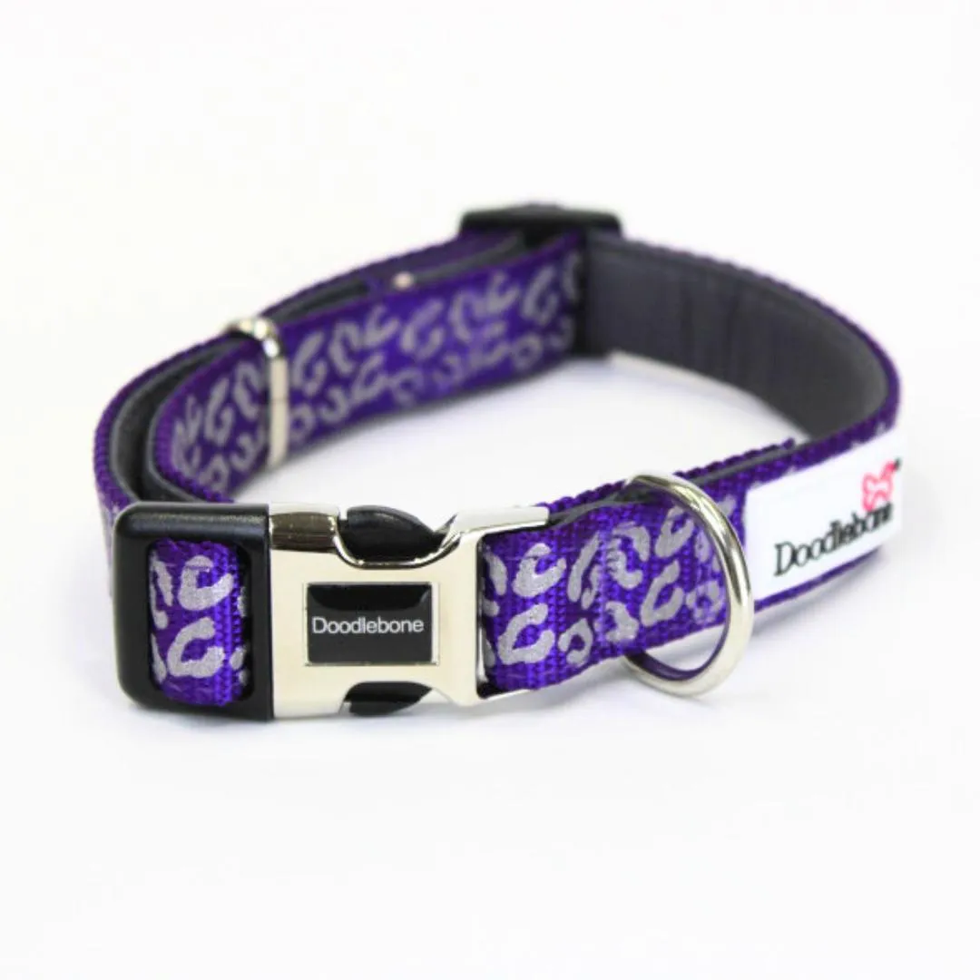 Doodlebone Padded Dog Collar - Violet Leopard Reflective