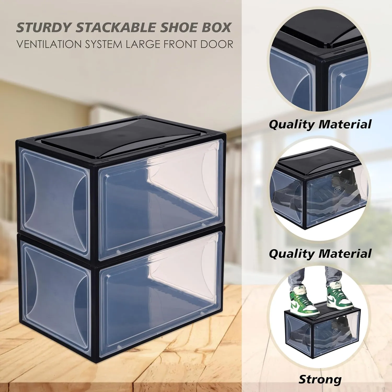 Kuber Industries Pack of 3 Sneaker Box | Plastic Stackable Shoe Organizer | Multi Purpose Space-Saving Storage Box | Black