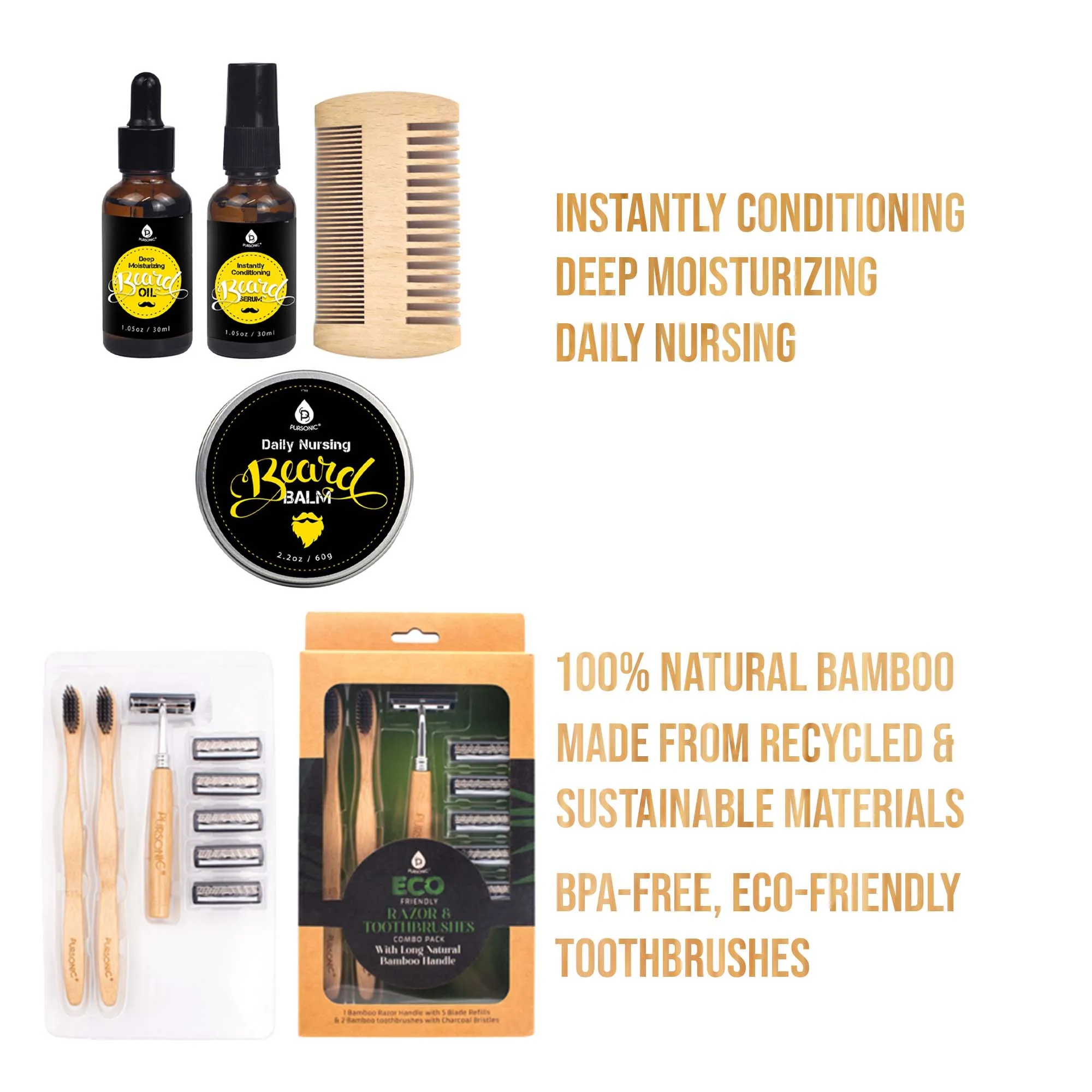 Pursonic Beard Care Grooming Kit & Eco Friendly Razor   Toothbrushes Combo Pack