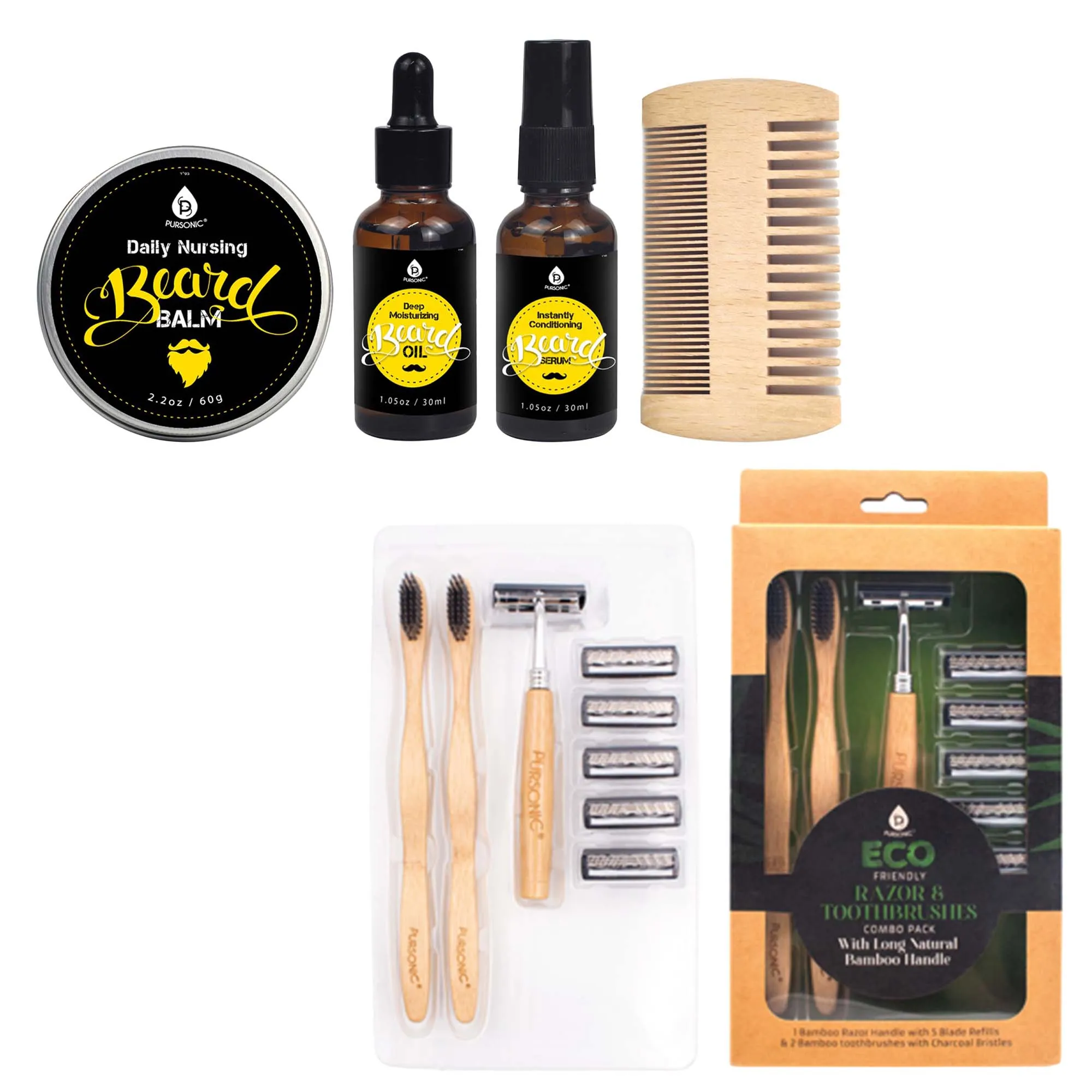 Pursonic Beard Care Grooming Kit & Eco Friendly Razor   Toothbrushes Combo Pack