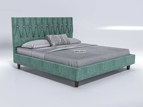 SABTA Craft Modern Upholstered King Size Bed for Bedroom | Wooden Double Bed | Platform Cot Bed with Upholstery Premium Fabric | 6.5 x 6 Ft | Sheesham Solid Wood (Rosewood, Green)