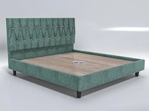 SABTA Craft Modern Upholstered King Size Bed for Bedroom | Wooden Double Bed | Platform Cot Bed with Upholstery Premium Fabric | 6.5 x 6 Ft | Sheesham Solid Wood (Rosewood, Green)