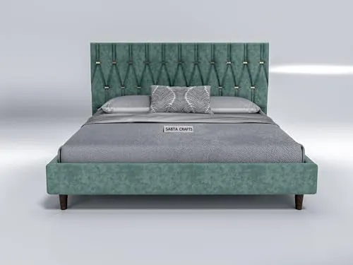 SABTA Craft Modern Upholstered King Size Bed for Bedroom | Wooden Double Bed | Platform Cot Bed with Upholstery Premium Fabric | 6.5 x 6 Ft | Sheesham Solid Wood (Rosewood, Green)