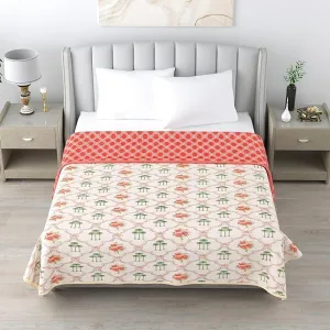 Socraft 100% Pure Cotton Soft Lightweight Comfortable Reversible Rajasthani Jaipuri Printed Design Single Bed Blanket Comforter Quilt Ac Dohar (210x140 CM, Coral, Floral)