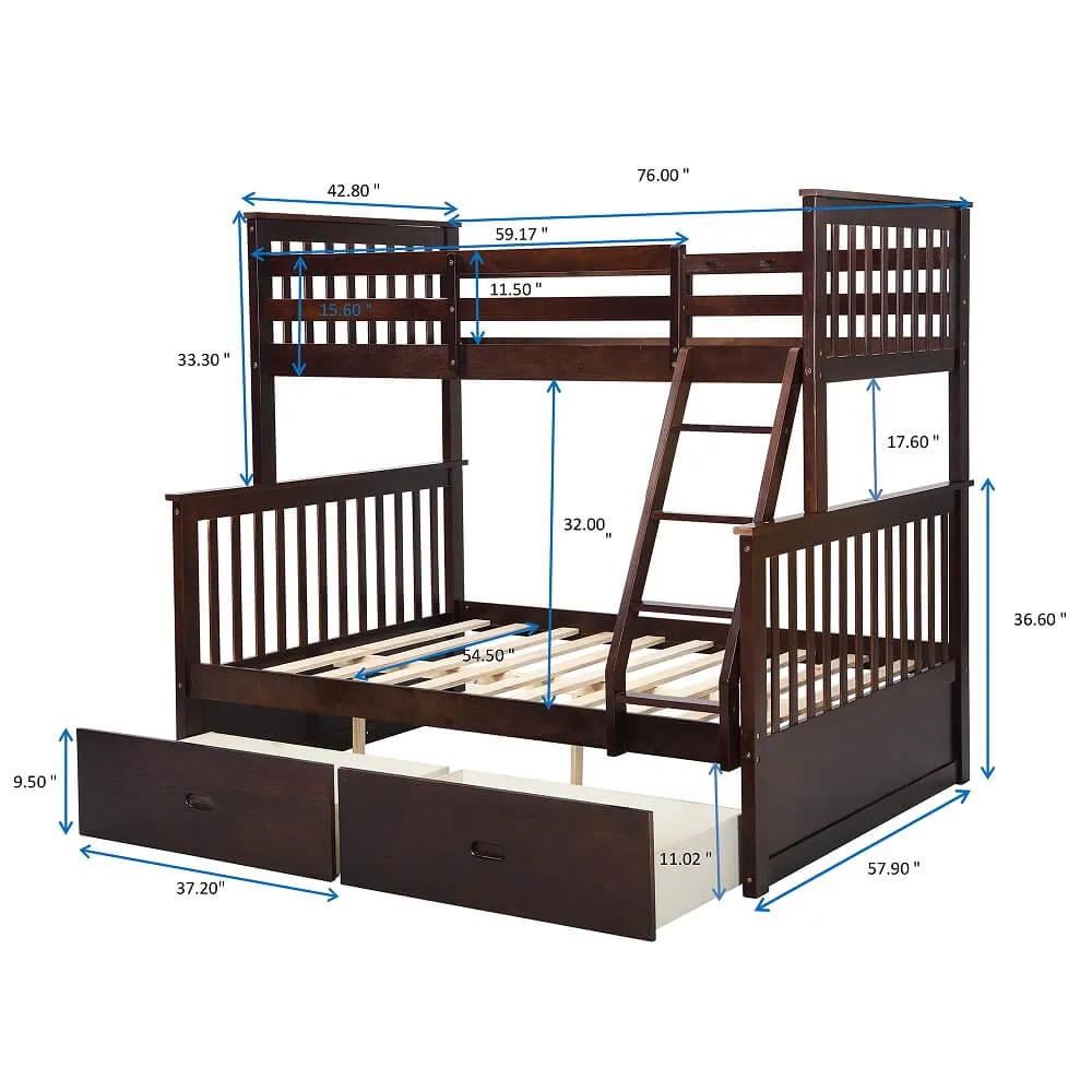 Solid Wood Bunk Beds for Kids, Twin Over Full Bunk Bed with 2 Drawers, Espresso