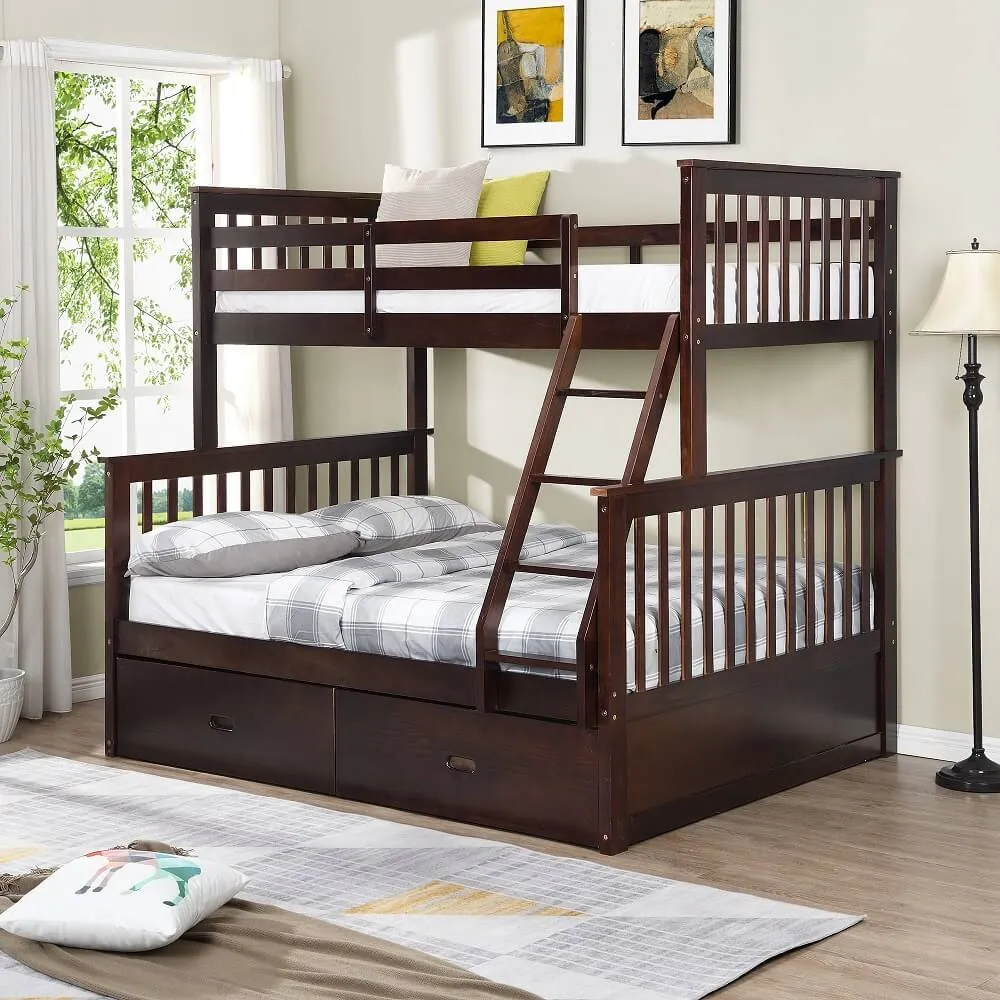 Solid Wood Bunk Beds for Kids, Twin Over Full Bunk Bed with 2 Drawers, Espresso