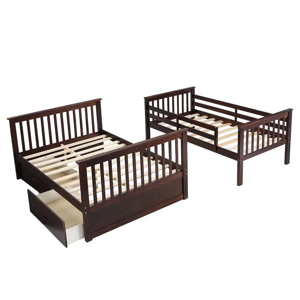 Solid Wood Bunk Beds for Kids, Twin Over Full Bunk Bed with 2 Drawers, Espresso