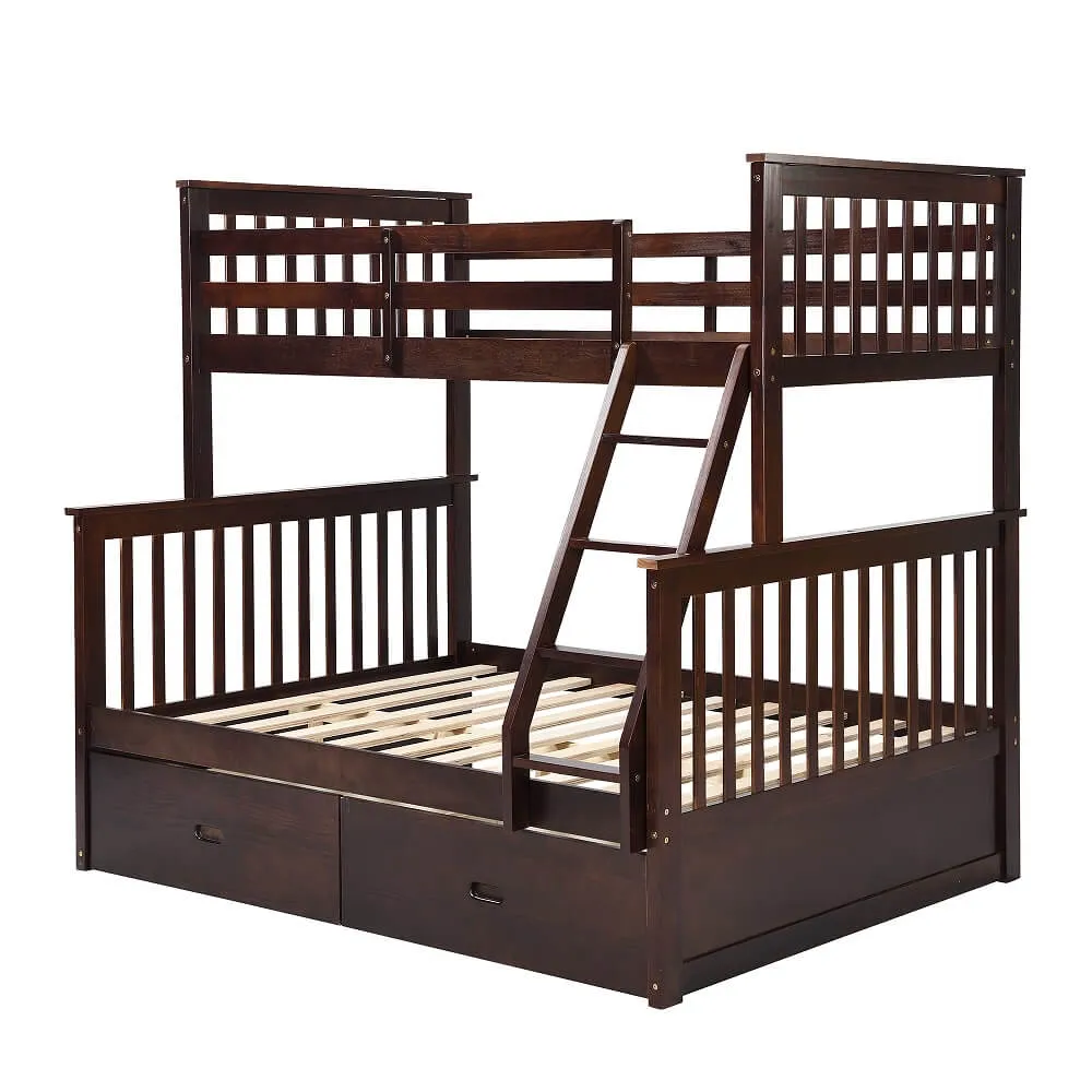 Solid Wood Bunk Beds for Kids, Twin Over Full Bunk Bed with 2 Drawers, Espresso