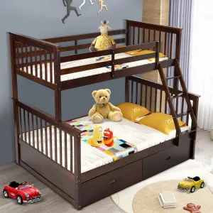 Solid Wood Bunk Beds for Kids, Twin Over Full Bunk Bed with 2 Drawers, Espresso