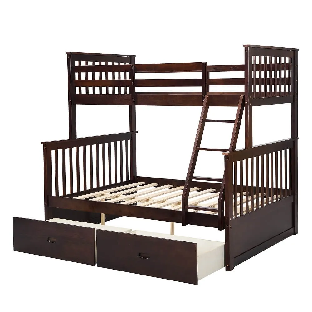 Solid Wood Bunk Beds for Kids, Twin Over Full Bunk Bed with 2 Drawers, Espresso