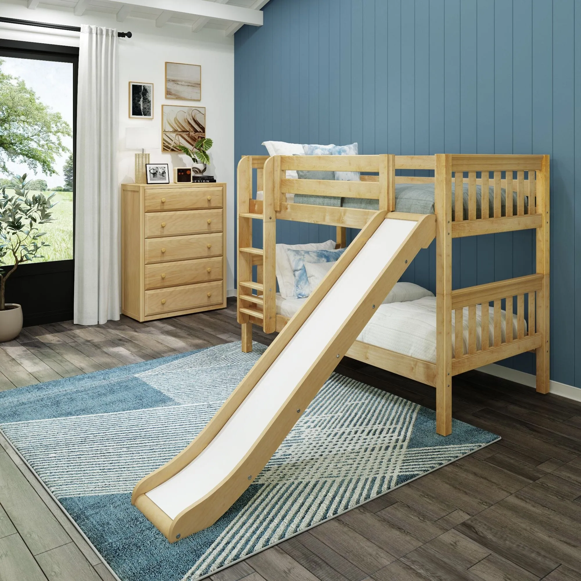 Twin Low Bunk Bed with Slide and Ladder