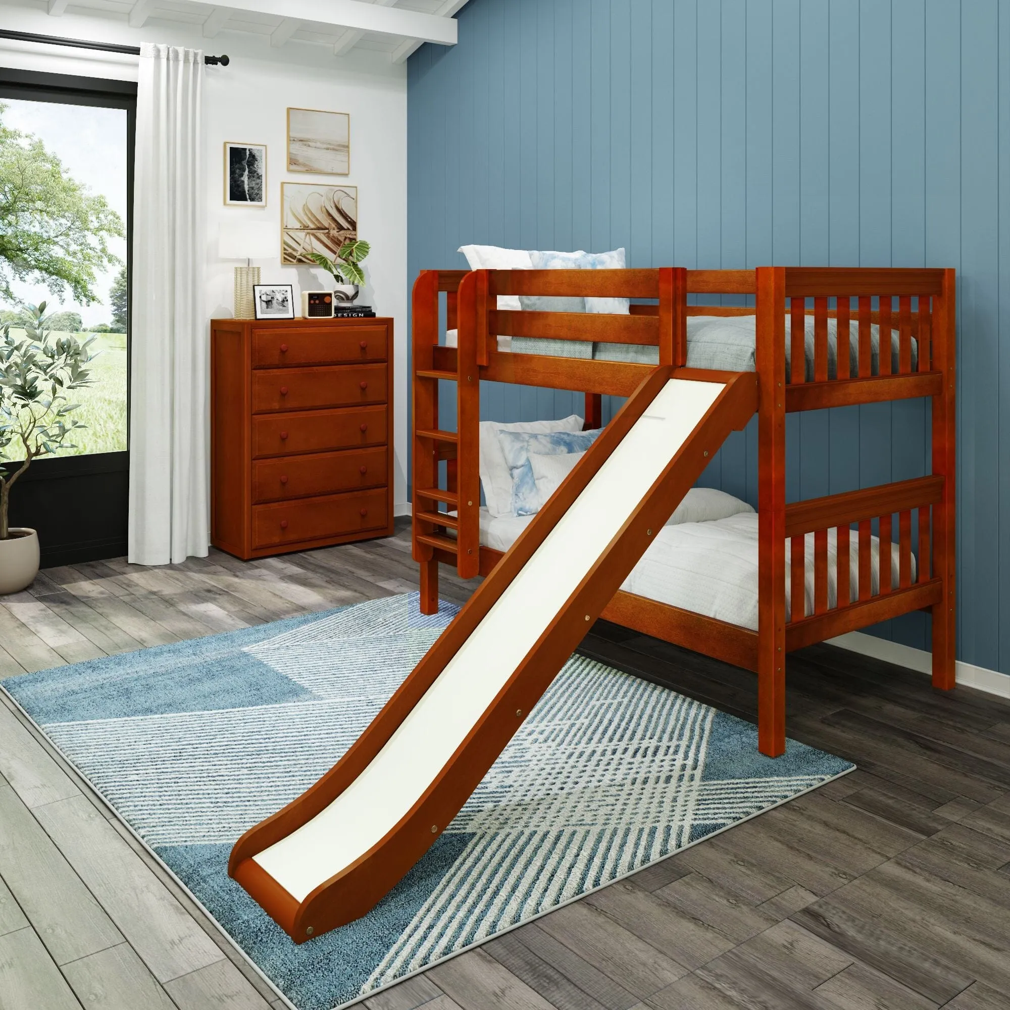 Twin Low Bunk Bed with Slide and Ladder