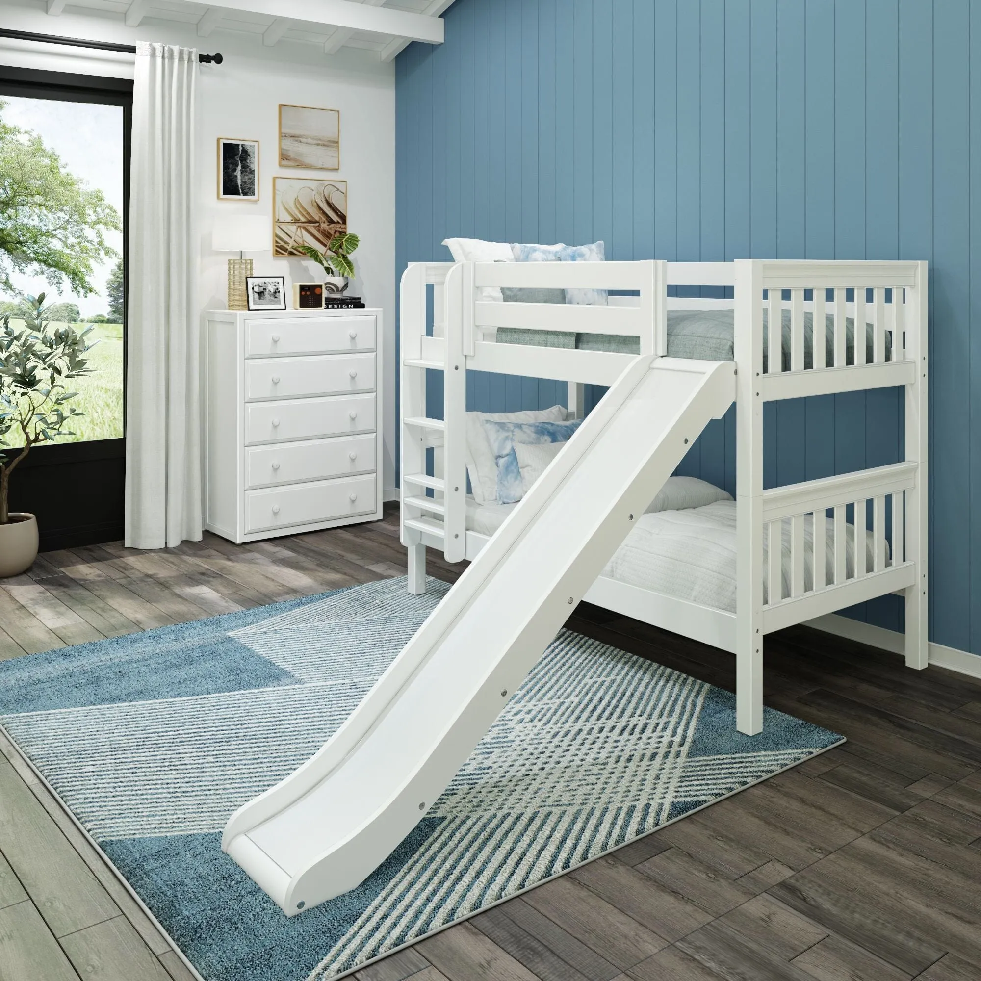 Twin Low Bunk Bed with Slide and Ladder