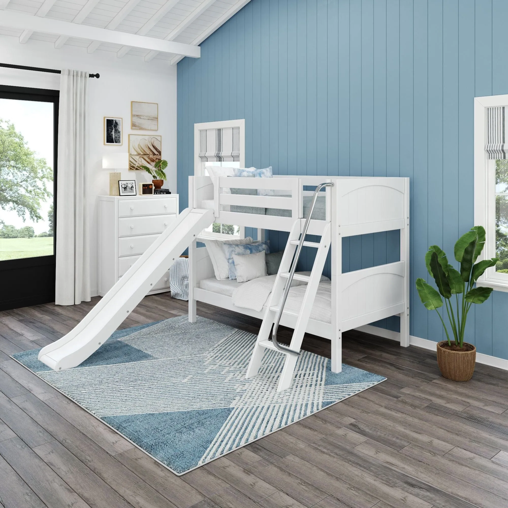 Twin Low Bunk Bed with Slide and Ladder