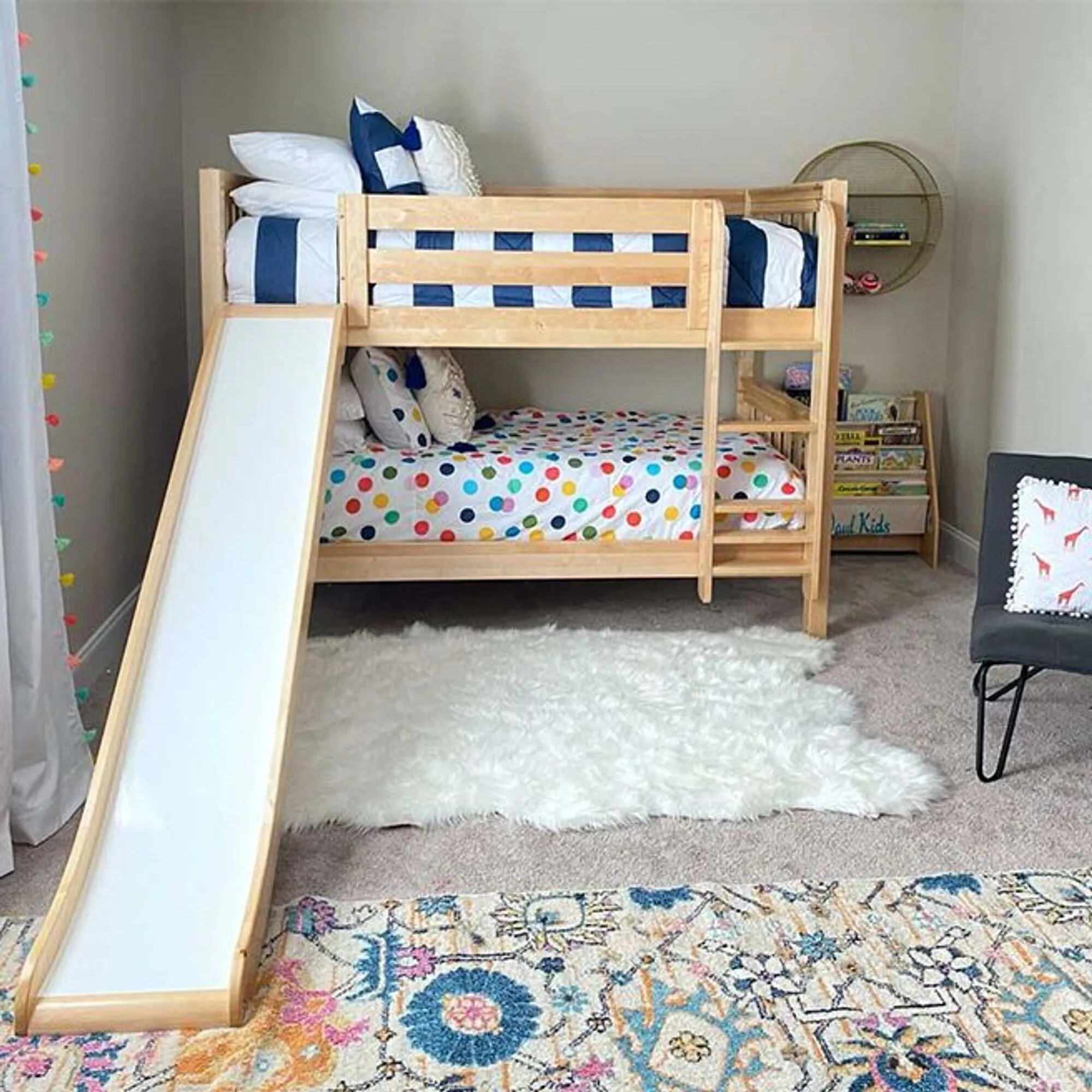 Twin Low Bunk Bed with Slide and Ladder