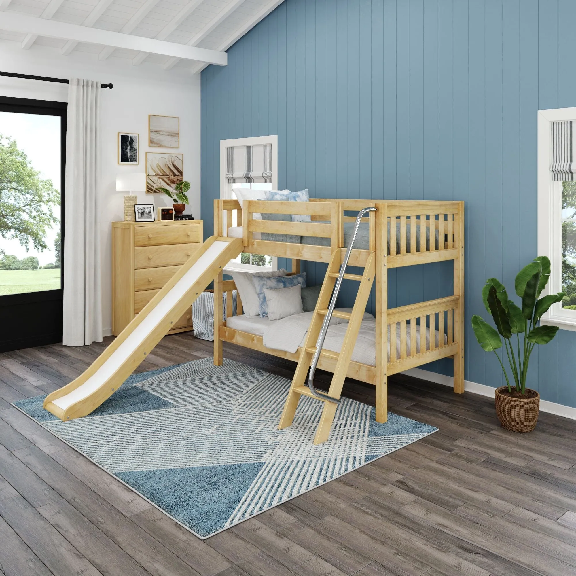 Twin Low Bunk Bed with Slide and Ladder