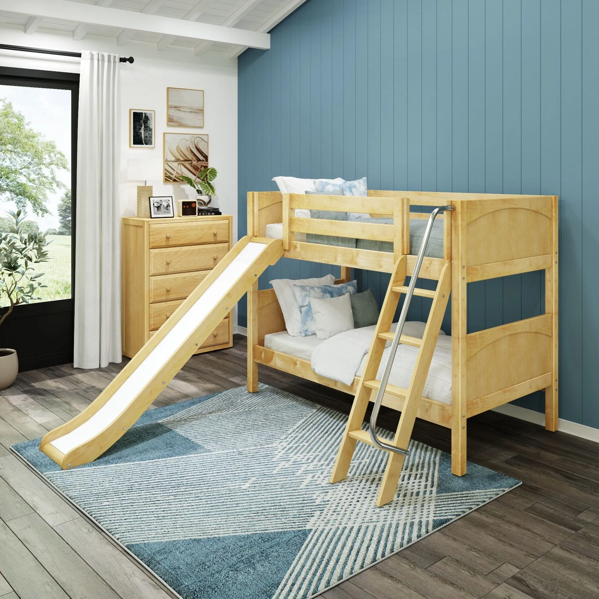 Twin Low Bunk Bed with Slide and Ladder