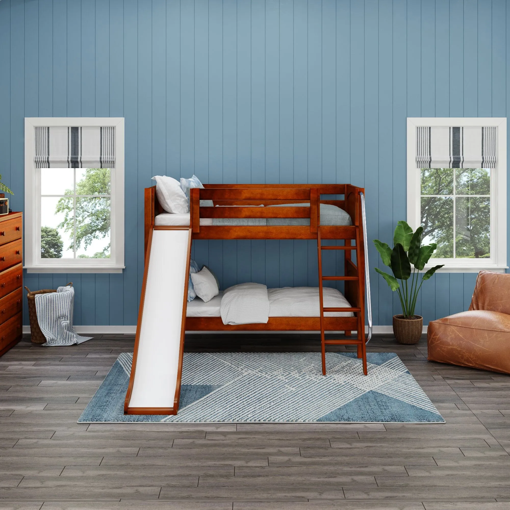 Twin Low Bunk Bed with Slide and Ladder