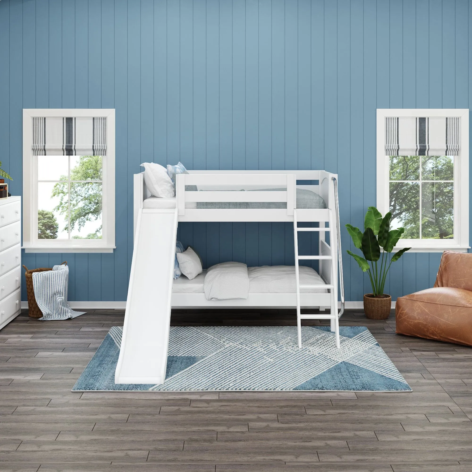 Twin Low Bunk Bed with Slide and Ladder