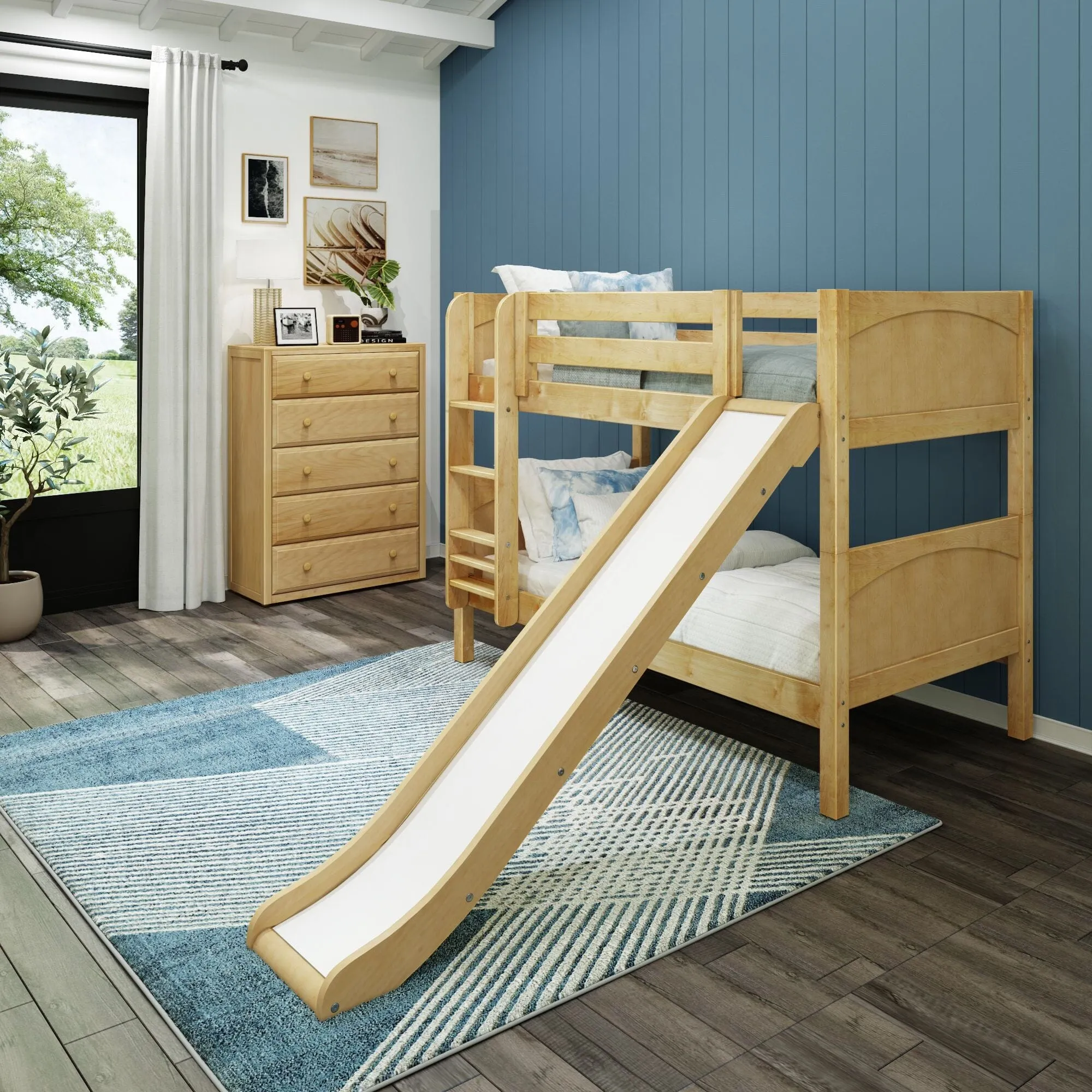 Twin Low Bunk Bed with Slide and Ladder