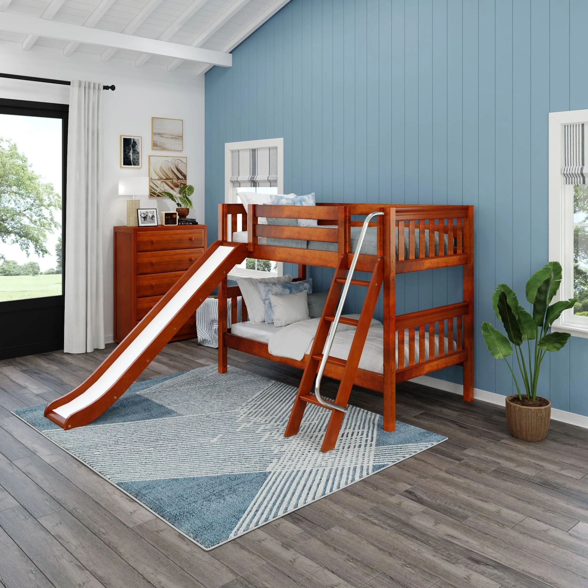 Twin Low Bunk Bed with Slide and Ladder