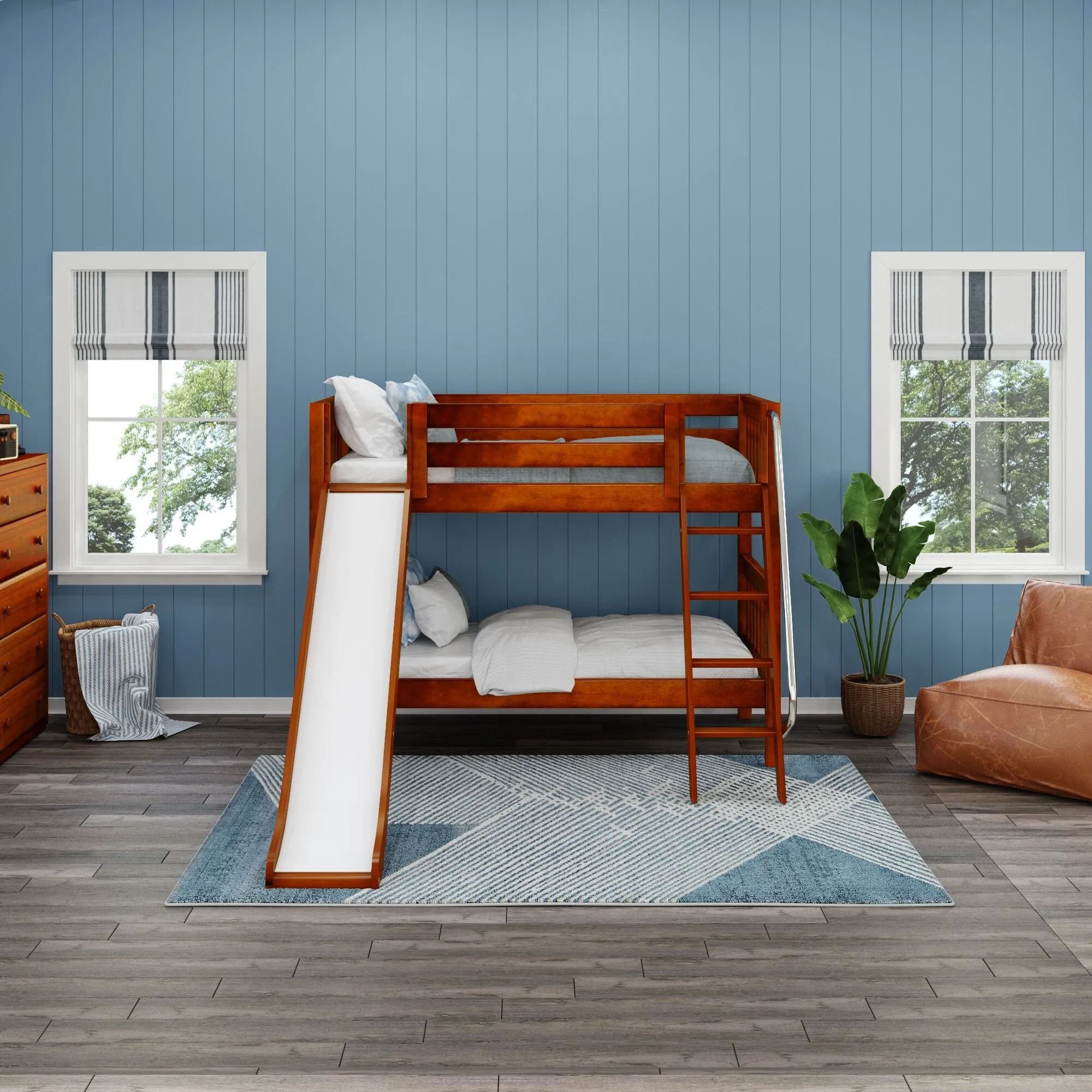 Twin Low Bunk Bed with Slide and Ladder