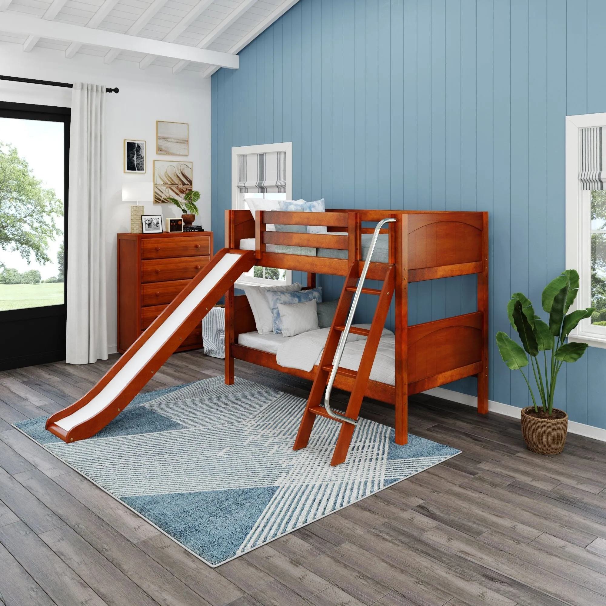 Twin Low Bunk Bed with Slide and Ladder