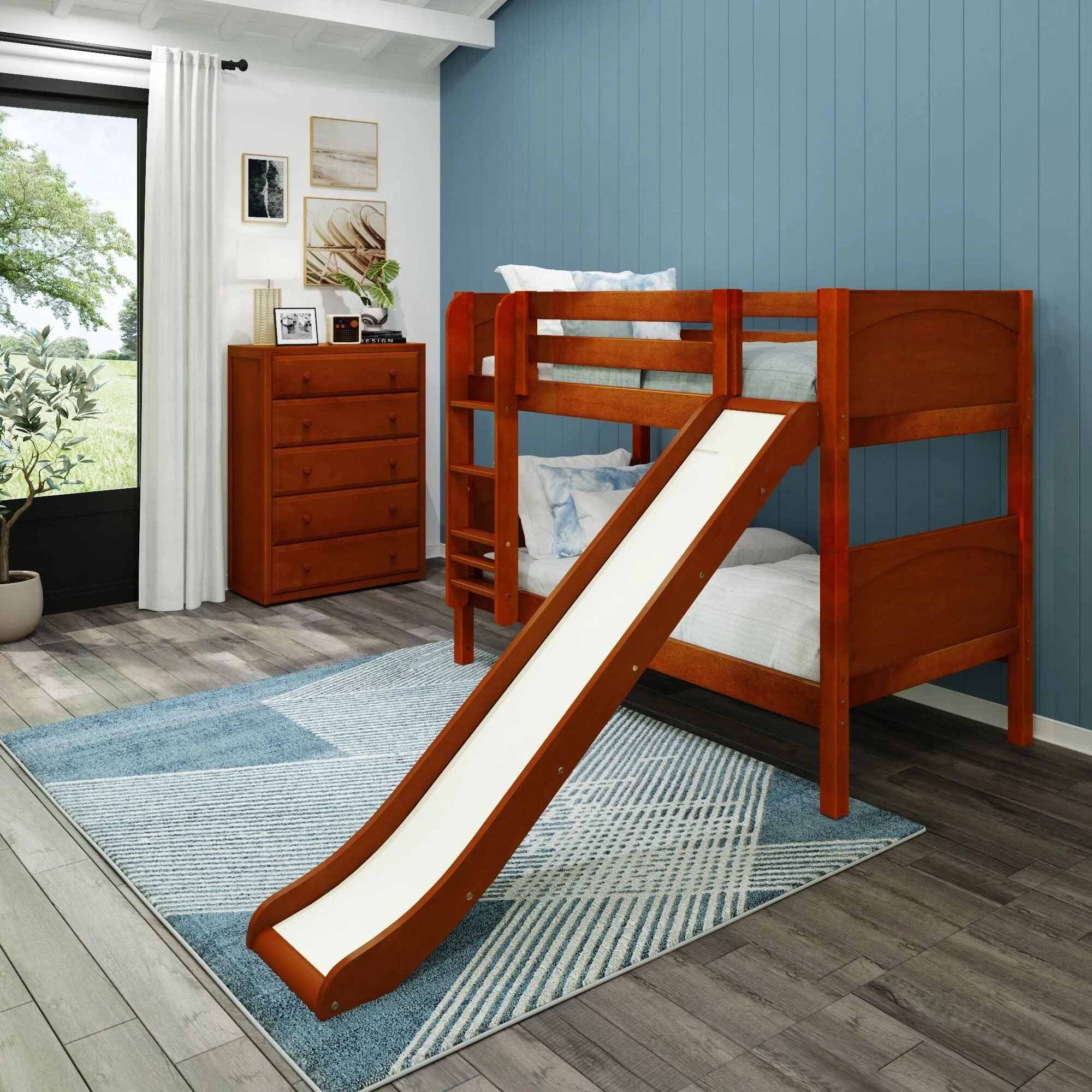 Twin Low Bunk Bed with Slide and Ladder