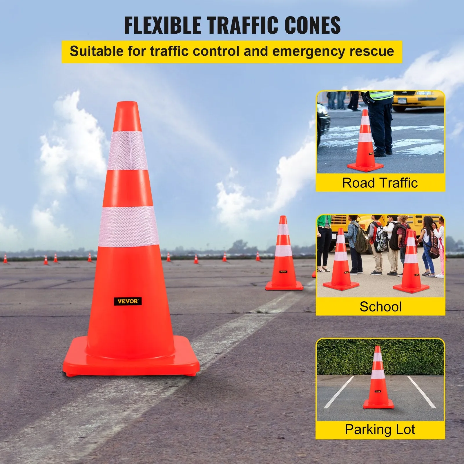 Vevor Safety Cones 28" PVC Traffic Cones Orange with 2 Reflective Collars and Weighted Base 12 PCS New