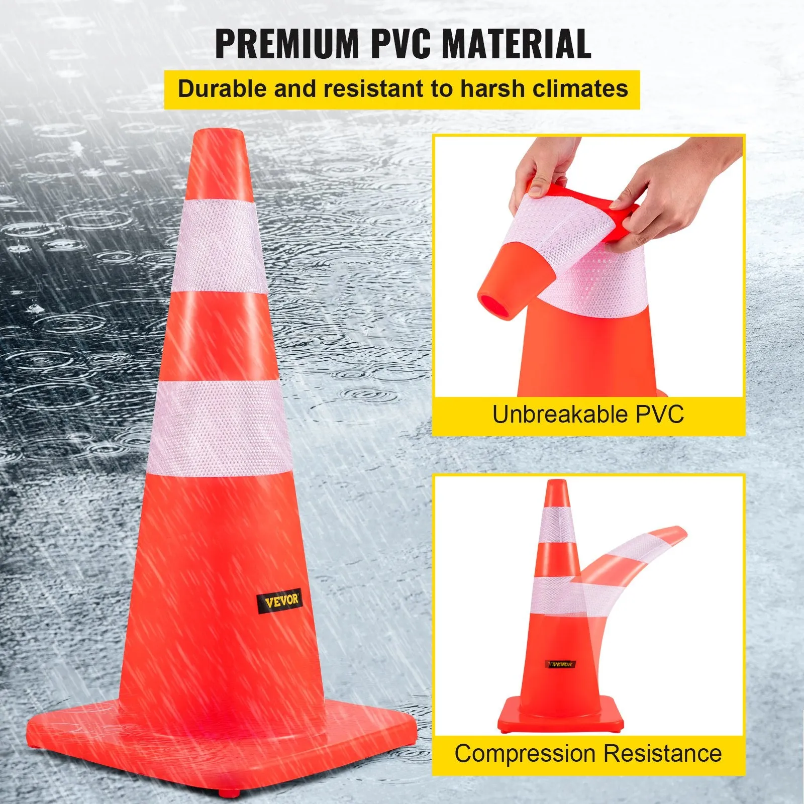 Vevor Safety Cones 28" PVC Traffic Cones Orange with 2 Reflective Collars and Weighted Base 12 PCS New