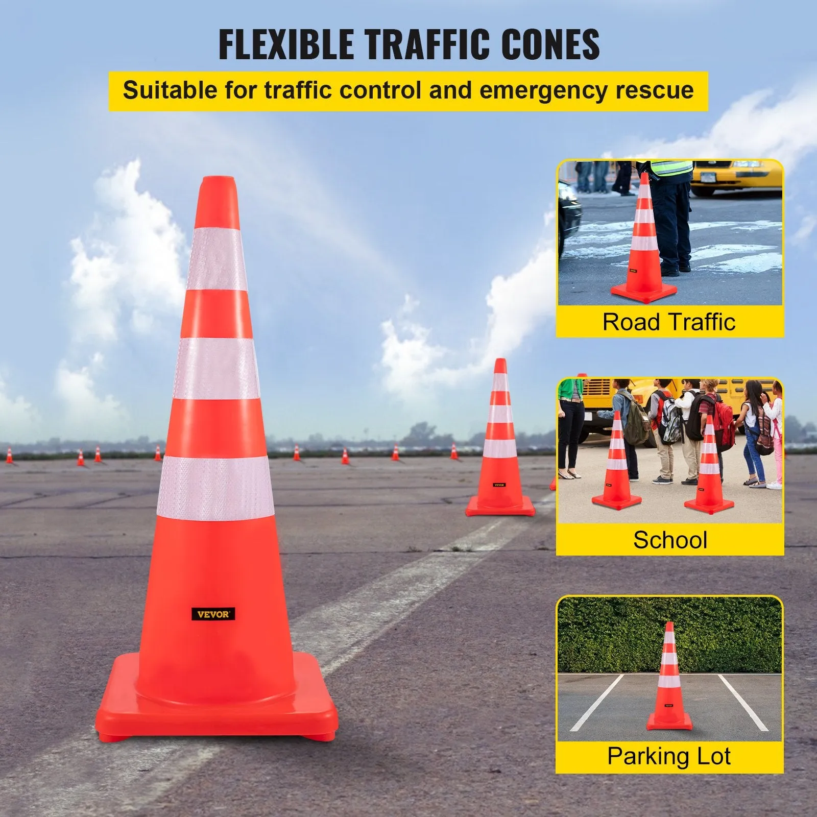 Vevor Safety Cones 36" PVC Traffic Cones Orange with 2 Reflective Collars and Weighted Base 6 PCS New