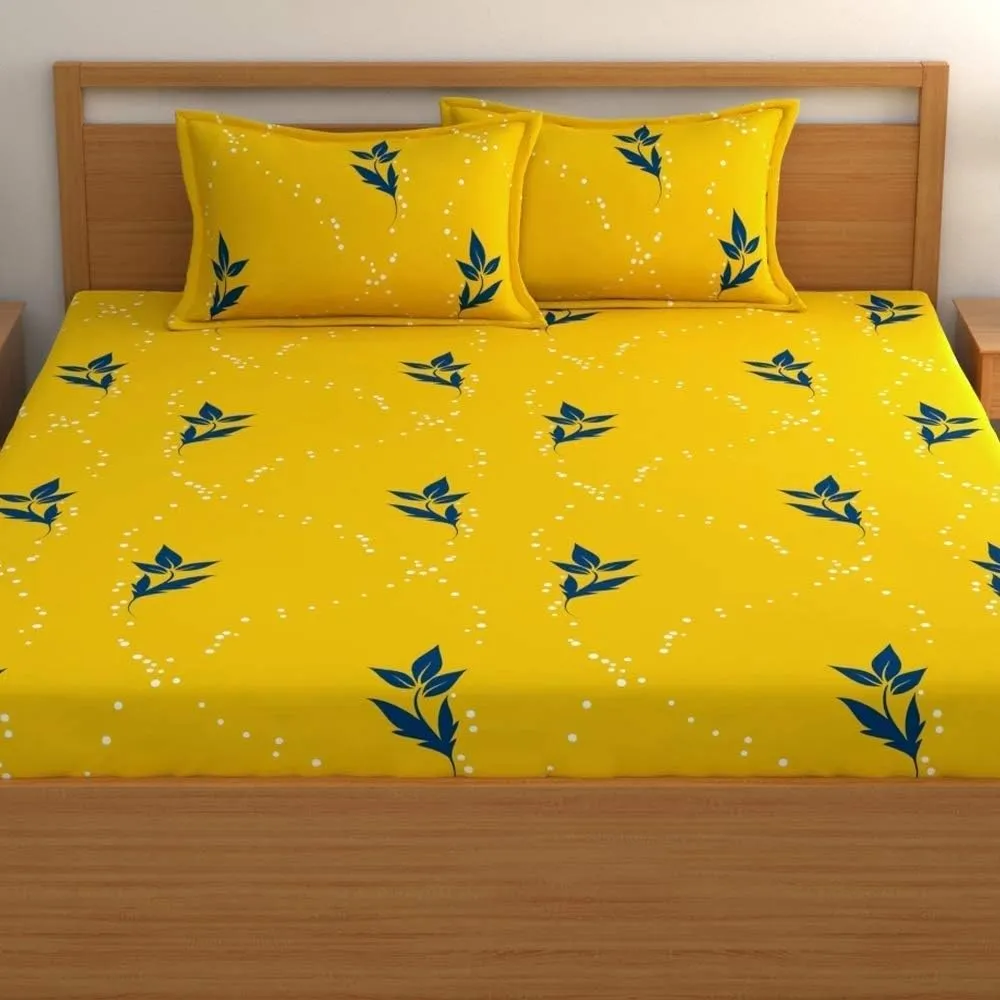 YaAkholic 220 TC Elastic Fitted Double King Size Bed Cotton Bedsheets with 2 Pillow Covers - King Size 78" x 72" Lruxurious Bedding Set for Ultimate Comfort and Style (Yellow Patti)